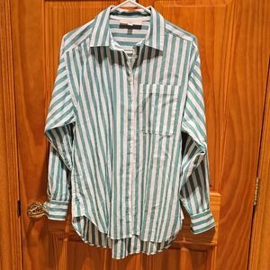 LOFT Green and White Vertical Stripe Button-Down Shirt